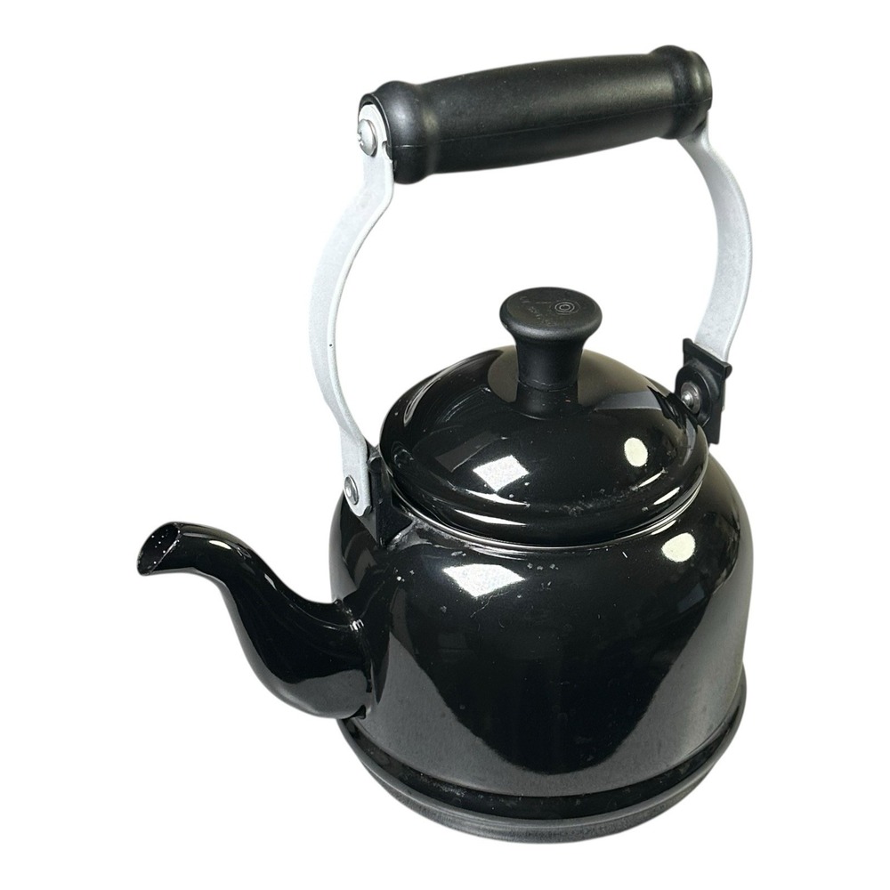 Le Creuset Demi Tea Kettle Pot 1.25 Qt Black Enamel Steel Open Pour